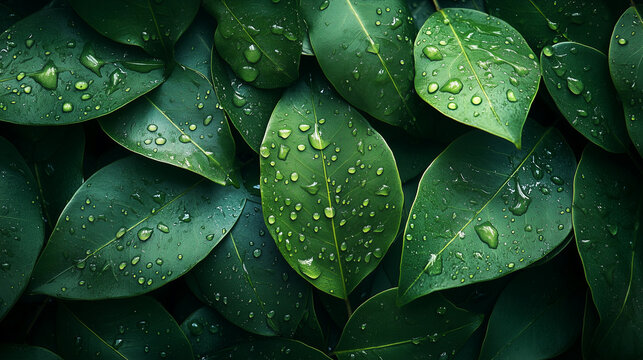 Tropical leaf texture with intricate abstract green patterns and big rain drops on them