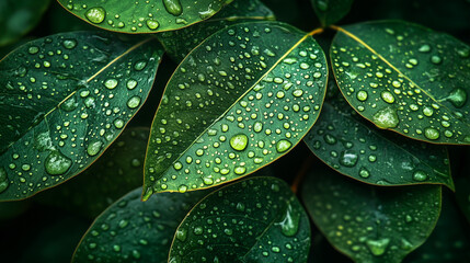Tropical leaf texture with intricate abstract green patterns and big rain drops on them