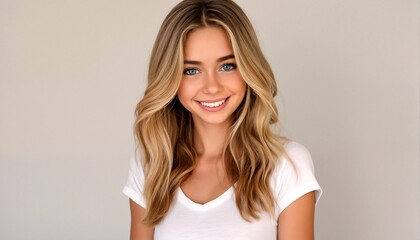 Naklejka premium Young blonde woman with wavy hair and blue eyes smiling at camera.