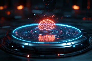 Glowing futuristic holographic brain in a high-tech digital setting