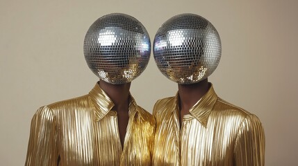Fashion model with mirror ball head, surreal