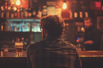 Obraz premium Man sitting alone at a dimly lit bar counter with a contemplative mood