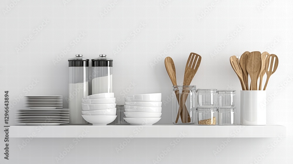 Poster a cozy kitchen shelf displaying an array of colorful utensils and stylishly arranged bowls