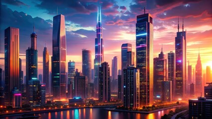 Obraz premium Futuristic cityscape at sunset with towering skyscrapers and neon lights , cityscape, modernity