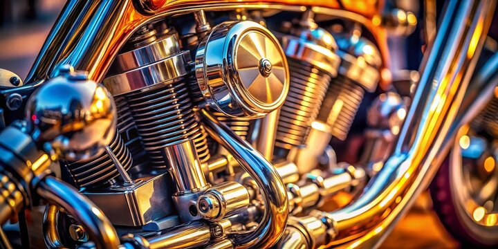 Miniature Panhead V-Twin Motorcycle Engine, Close-up Detail, Tilt-Shift Photography