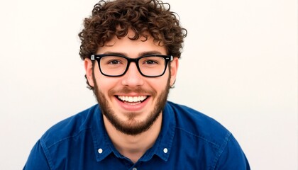 Obraz premium A close-up of a young man with curly hair and glasses smiling at the camera.