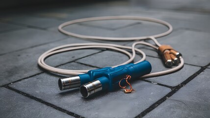A jump rope coiled on the ground.