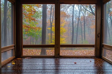 Rainy Autumn Day on a Screened Porch Overlooking Colorful Forest