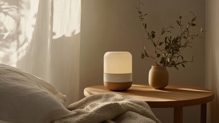 Minimalist Scandinavian bedroom with soft white and pale oak tones, featuring crisp linen bedding, cozy knit throw, and simple wooden bedside table, bathed in natural light.