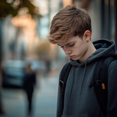 Fototapeta premium Pensive Young Boy in Gray Hoodie on City Street