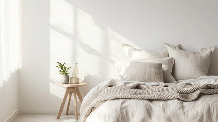 Minimalist Scandinavian bedroom with soft white and pale oak tones, featuring crisp linen bedding, cozy knit throw, and simple wooden bedside table, bathed in natural light.