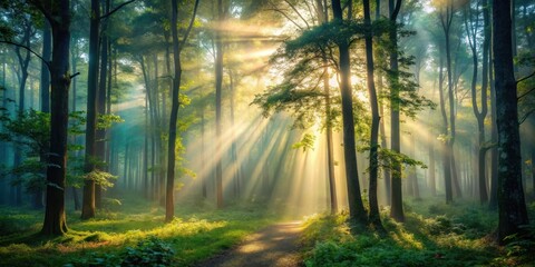 Obraz premium Forest scene at dusk with a shaft of light filtering through canopy above woods, misty atmosphere, serene environment