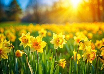 Obraz premium Miniature Spring Meadow: Vibrant Yellow Daffodils in a Lush Green Field