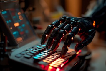 Robotic hand interacting with a high-tech illuminated keyboard