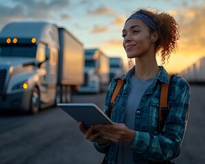 Woman uses tablet at trucking yard sunset