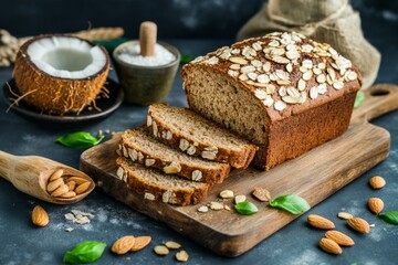 Fototapeta premium A vegan bread loaf made with almond flour and coconut oil, healthy and delicious