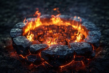 Glowing campfire surrounded by stones, ideal for outdoor gatherings and cozy moments.