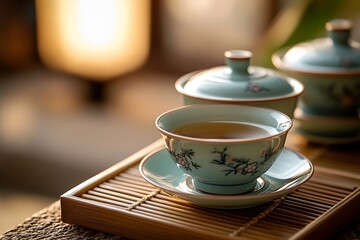 Traditional ceramic tea set placed on a wooden tray