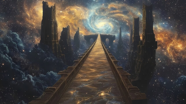 A celestial bridge leading to the domain of the gods, stretching through stars and nebulae, with towering structures and gates at the horizon. Mystical Celestial Bridge. Illustration