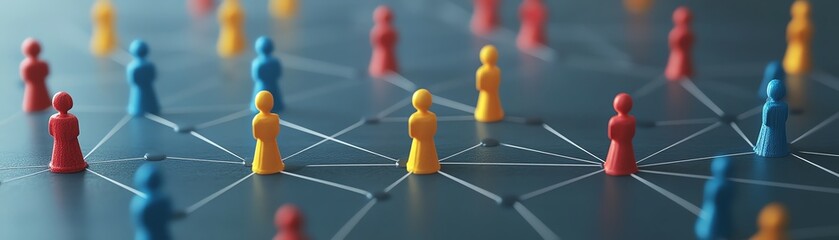 Vivid figures in organizational structure, hierarchical business departments, teams connected by lines, showing workflow, management, company structure visualization