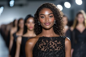 A radiant model graces the runway in an elegant black dress, showcasing her beauty and confidence, while other models gracefully follow behind.