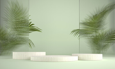 White wooden podium showing wood grain for displaying products on a light green background with patterned glass and blurred plants behind, Pedestals for advertising, mockup, presentation. 3D render