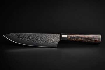 High quality damascus steel kitchen knife with an elegant handle showcased against a dark backdrop. Generative AI © Anat art