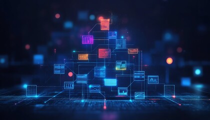 Business organizational structure with colorful figures, hierarchical departments, teams connected by lines, illustrating workflow, management, and company structure