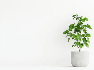 Lush green indoor plant in modern concrete pot against white wall
