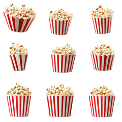  Set of flying popcorn in striped red and white paper cups isolated on a transparent background PNG