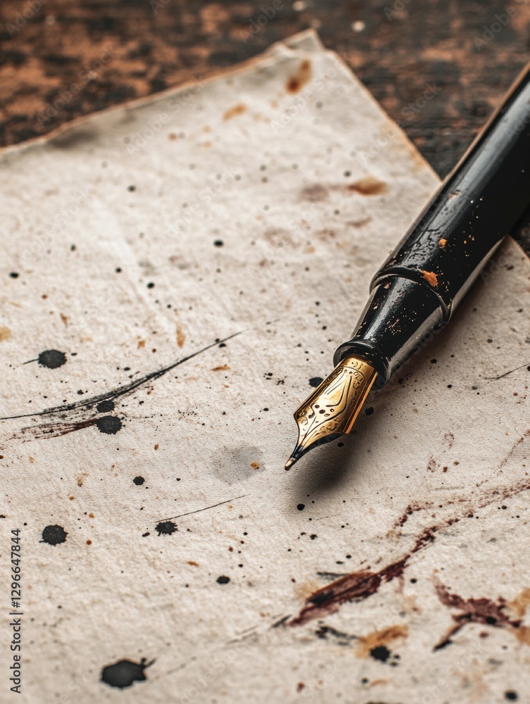 Poster Ink and quill resting on textured old paper with splatters showcasing the art of writing. Generative AI