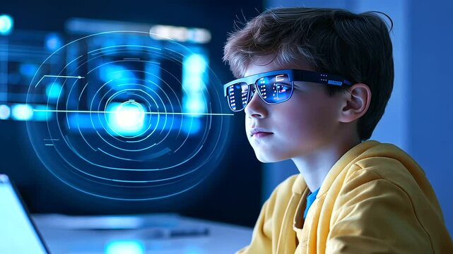 A digital classroom setting where a young boy, with glasses resting on his nose, follows an e-learning module on his laptop. The background features smartboards and holographic dis