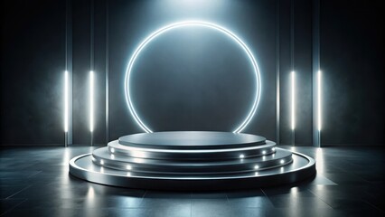 Dark futuristic podium with LED lights and metallic finish