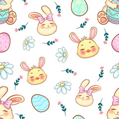 Seamless Easter Pattern with Cute Bunny, Chick, Eggs, and Flowers