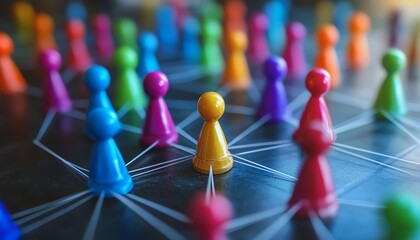 Colorful figures in a hierarchical structure, representing business departments, teams connected by lines, workflow illustration, company management and organizational design