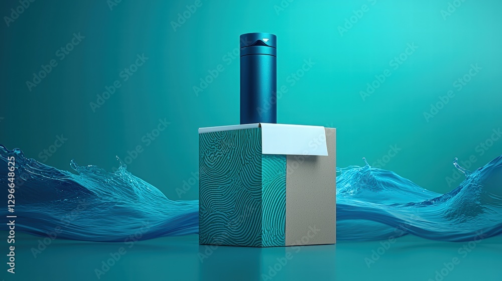 Poster a blue and white box with a water splash creating a dynamic and refreshing visual impact