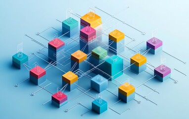 Colorful figures representing hierarchical organizational structure, business departments connected by lines, illustrating management flow, team workflow, company structure