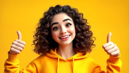 A young woman with curly brown hair and a yellow hoodie giving a thumbs-up gesture.