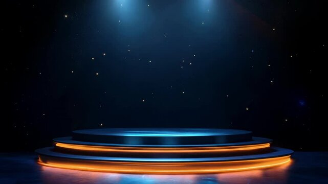 A futuristic 3D podium with asymmetrical layers, glowing electric blue edges, and a placard set against a dark galaxy-themed background