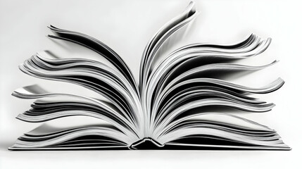 Open Book with Flowing Pages in Black and White Design