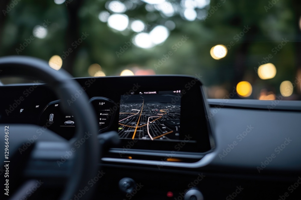 Poster close-up of futuristic dashboard in electric car showing navigation and energy efficiency stats