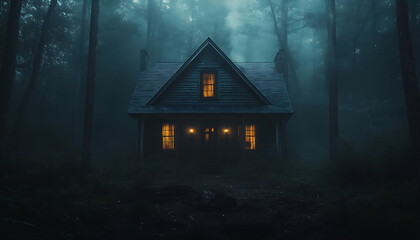 A house in the woods at night with fog and ligh