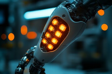 Close-up of a futuristic robotic hand with orange glowing mechanical joints