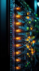 Close-Up View of Network Server with Illuminated Lights and Intricate Cabling in a Data Center