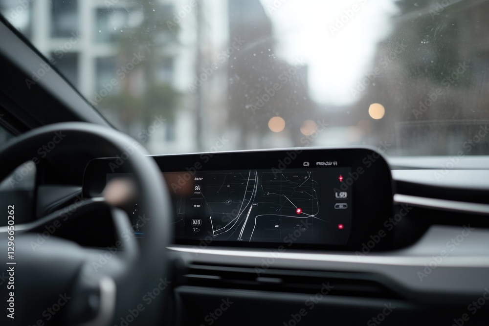 Poster close-up of futuristic dashboard in electric car showing navigation and energy efficiency stats