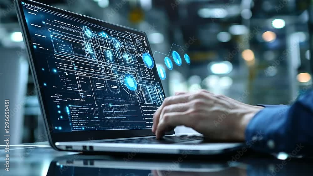 Poster a global enterprise leader analyzes system vulnerabilities on a sleek laptop. an augmented reality i