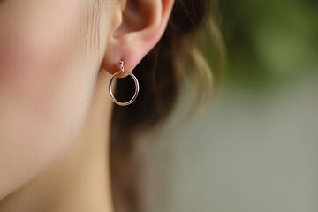 close-up of minimalist ear adorned with single delicate hoop earring set against neutral blurred background