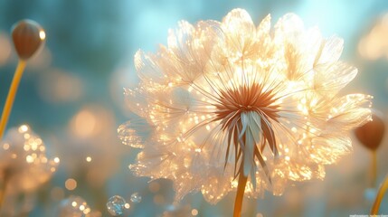 Fototapeta premium A macro shot of a dandelion seed head, delicate fibers catching the sunlight, ultra-realistic