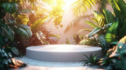 Serene white table surrounded by lush green plants creating a tranquil natural atmosphere