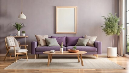 Cozy purple living room with minimalist nordic style poster frame mockup on a neutral-toned wooden coffee table in a modern home decor setting, purple, nordic